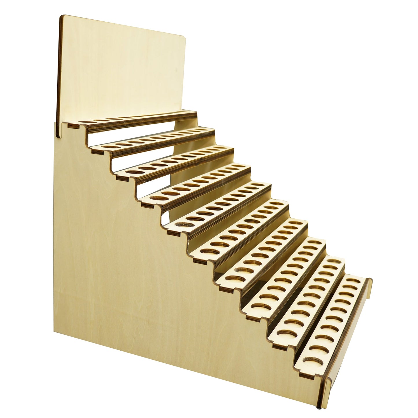 精油瓶展示架,1至10層,每層有10個擺放位,總共可放10至100瓶5毫升精油,可摺疊式設計,適合工藝展覽會或貿易展覽使用