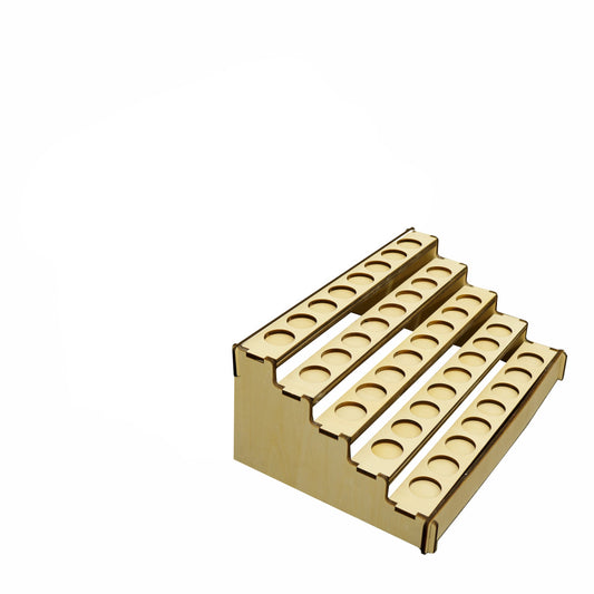 精油瓶陳列架,1至10層可選,每層可容納十瓶,總共10至100個槽位,可折疊式設計,適合台灣手工市集和展覽使用